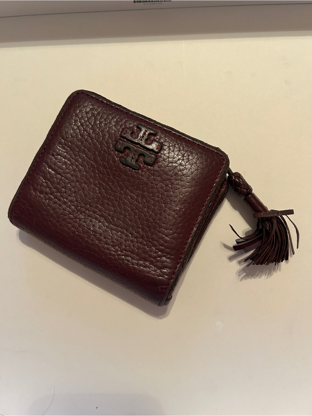 Tory Burch Taylor Mini Wallet in Pebbled Burgundy Leather